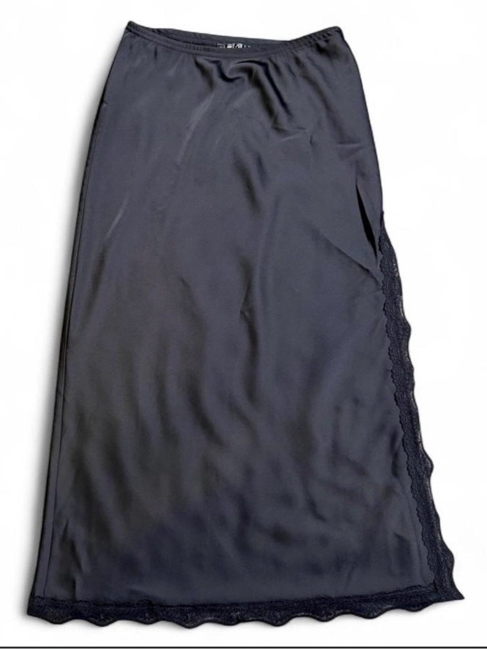 Crystal Sky Black Lace Trim Side Slit Satin Maxi Skirt – Size Small